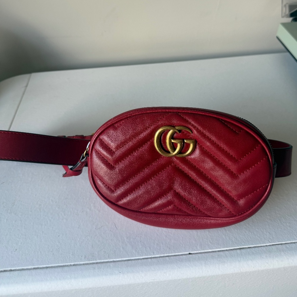 Gucci Red Leather Logo Fanny Pack